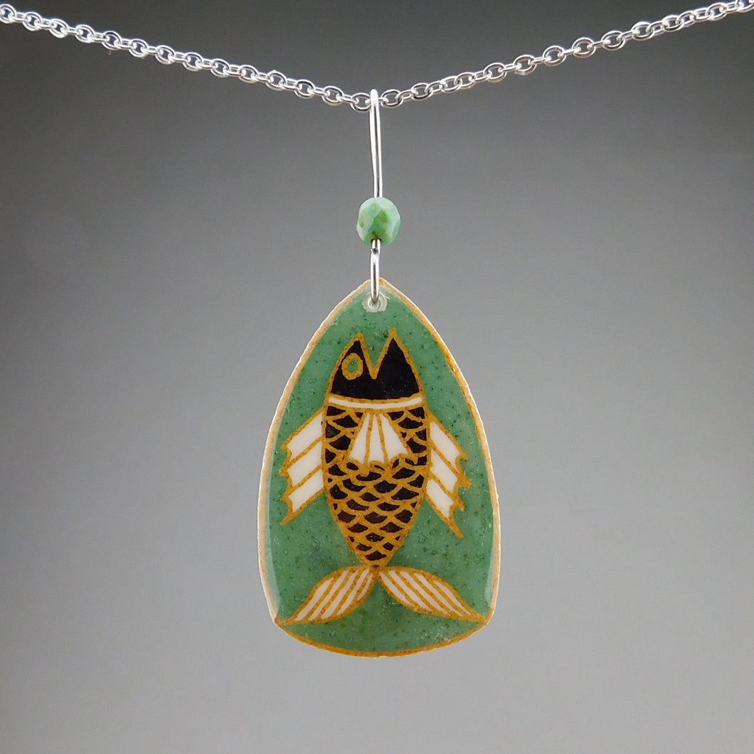 Green Goose Egg Shell Jewelry - Happy Fish Pendant