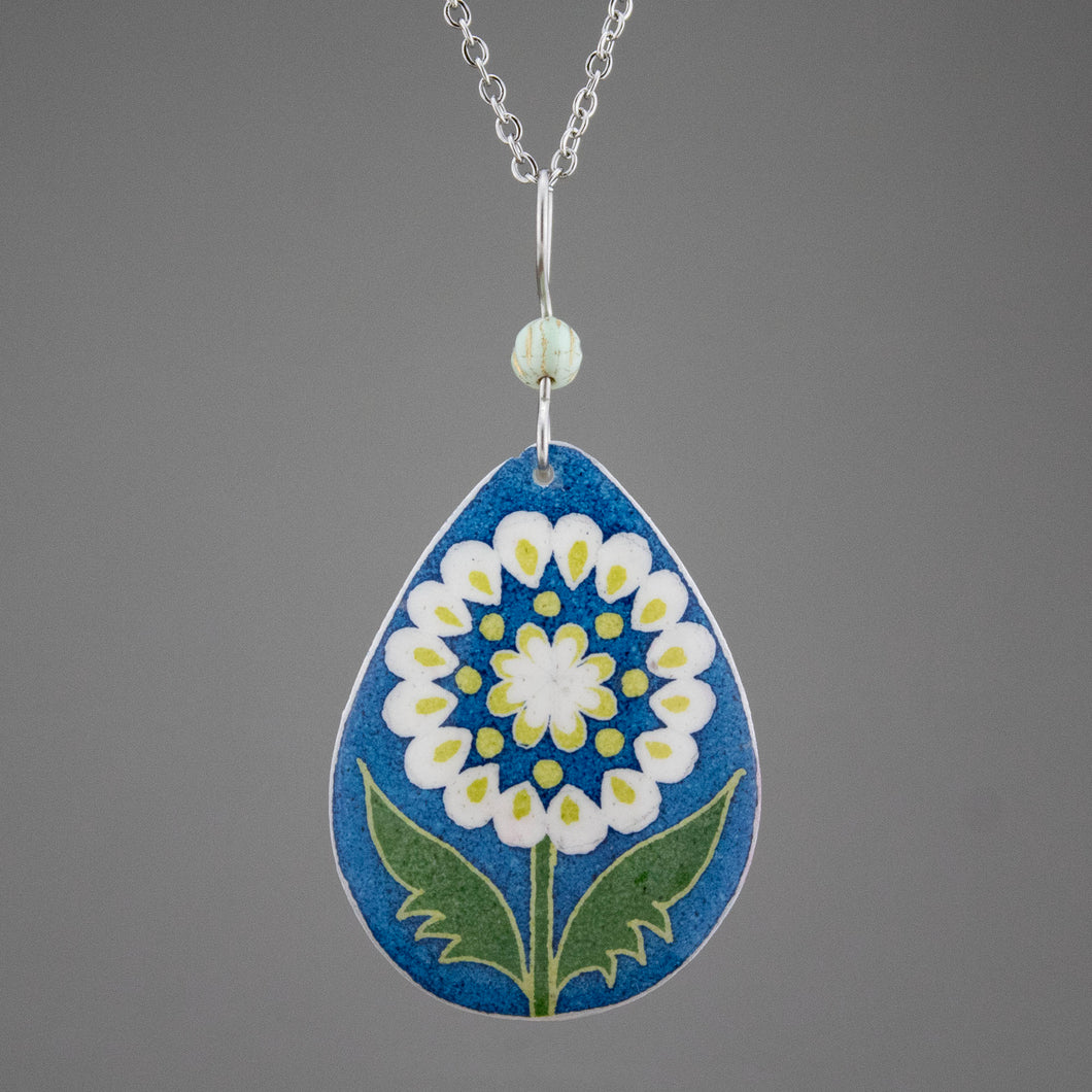 Blue Goose Egg Shell Jewelry - White Flower Tear Pendant