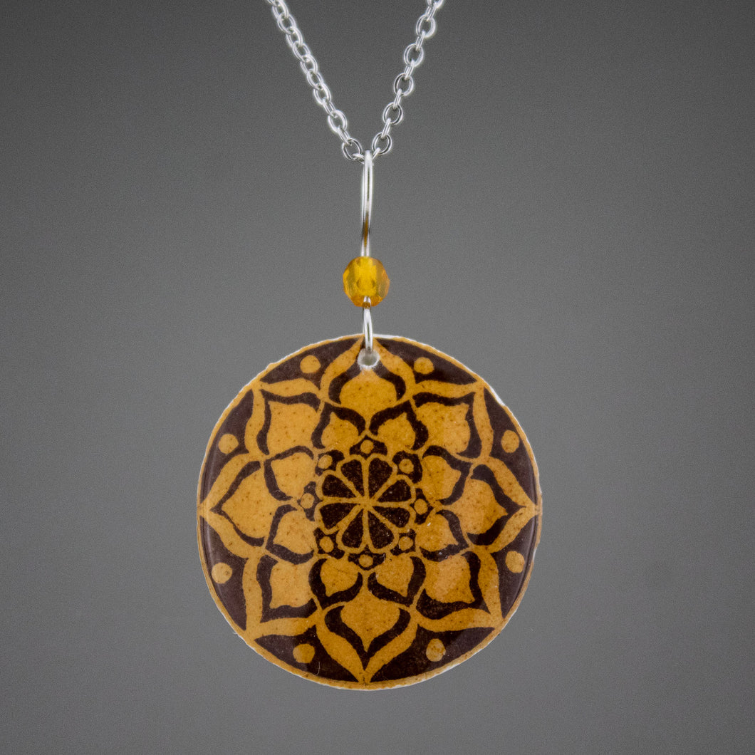 Brown Goose Egg Shell Jewelry - Gold Mandala Pendant