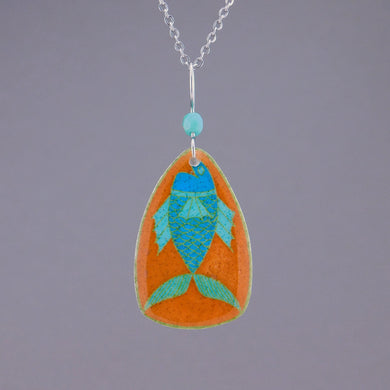 Orange Goose Egg Shell Jewelry - Happy Blue Fish Pendant