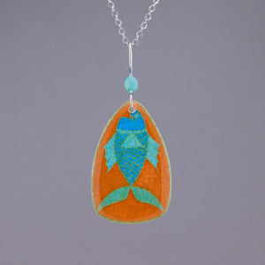 Orange Goose Egg Shell Jewelry - Happy Blue Fish Pendant
