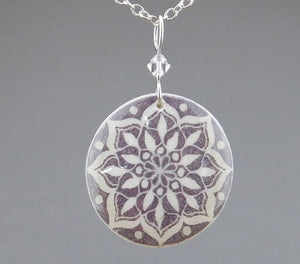 Grey Goose Egg Shell Jewelry - White Mandala Pendant