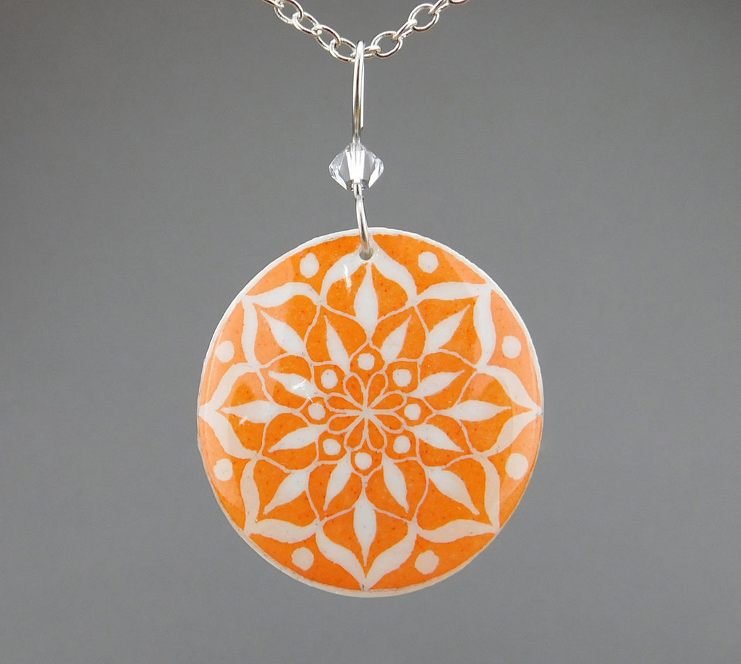 Orange Goose Egg Shell Jewelry - White Mandala Pendant
