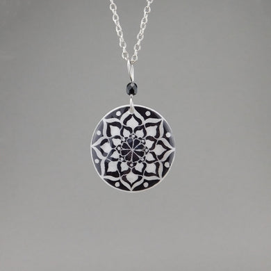 Black Goose Egg Shell Jewelry - White Mandala Pendant