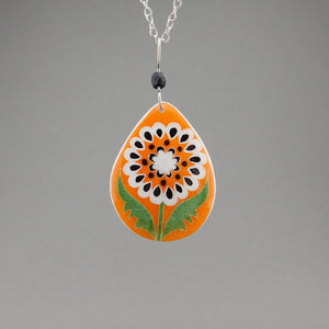 Orange Goose Egg Shell Jewelry - White Flower Tear Pendant