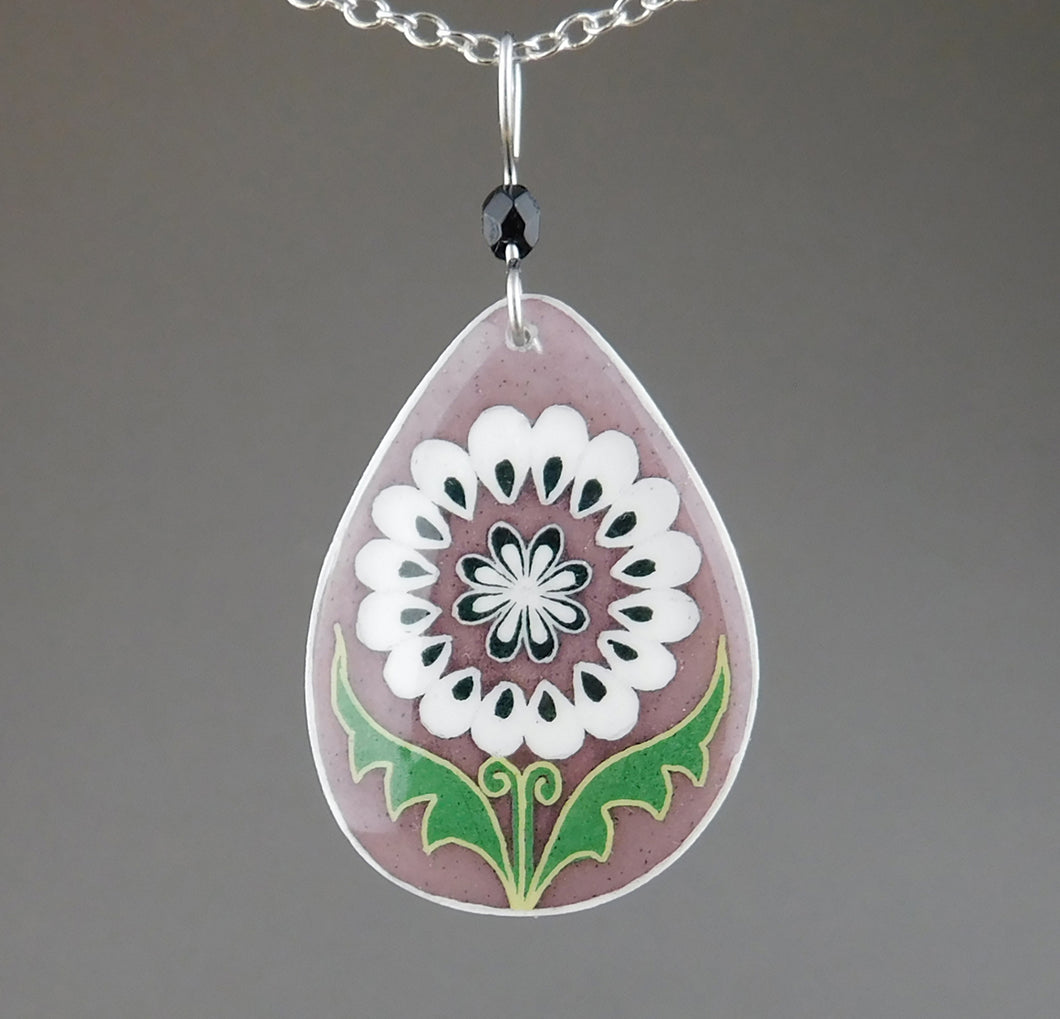 Grey Goose Egg Shell Jewelry - White Flower Tear Pendant