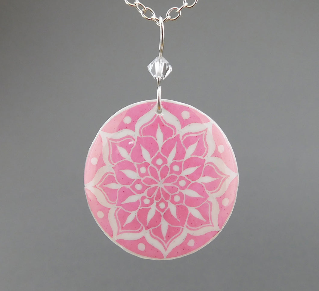 Pink Goose Egg Shell Jewelry - White Mandala Pendant